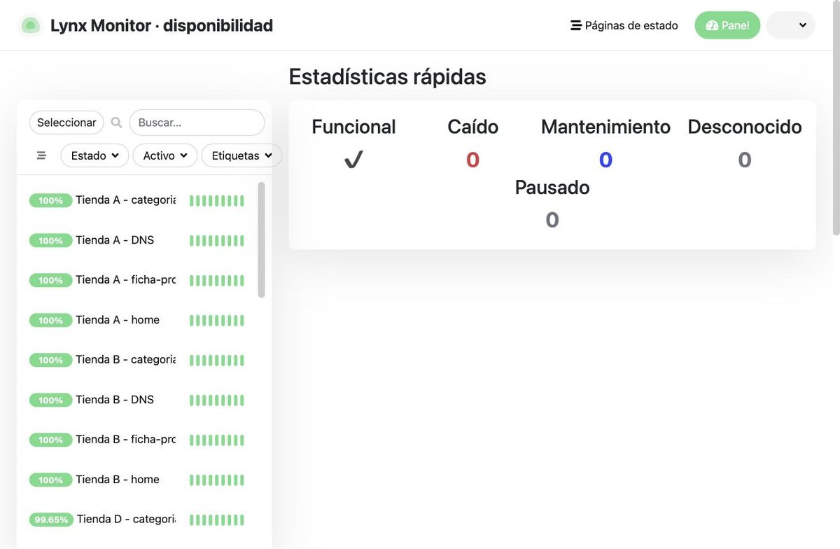 Availability: list of monitors per store (homepage, category, product page, DNS) with percentage and status