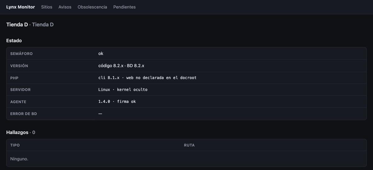 A store's page in Lynx Monitor: traffic light, versions, signed agent and last scan
